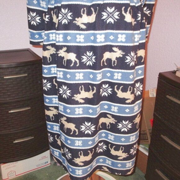 Mens Waffle Knit Wrap Robe Thermal Pockets Moose Fair Isle Knit Belted Cabin EUC - Picture 9 of 10